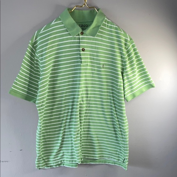 Izod Green Striped Polo Shirt Classic Cotton Blend - Picture 1 of 9